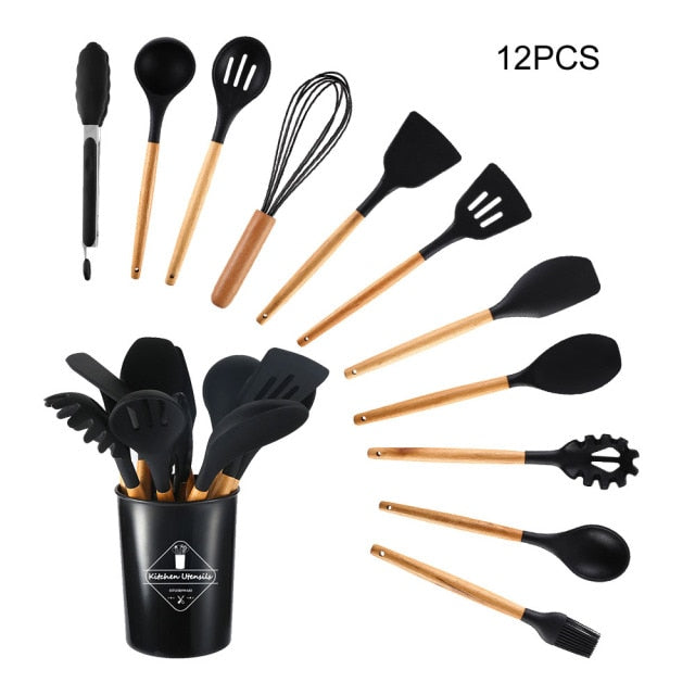 Silicone Cooking Utensils Set Black Non-Stick Spatula Shovel Wooden Handle  Cooking Set With Storage Box Kitchen Tool Accessories