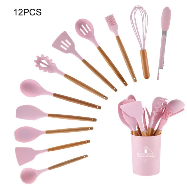 12 Pcs Nonstick Silicone Spatula Set with Wooden Handle Silicone