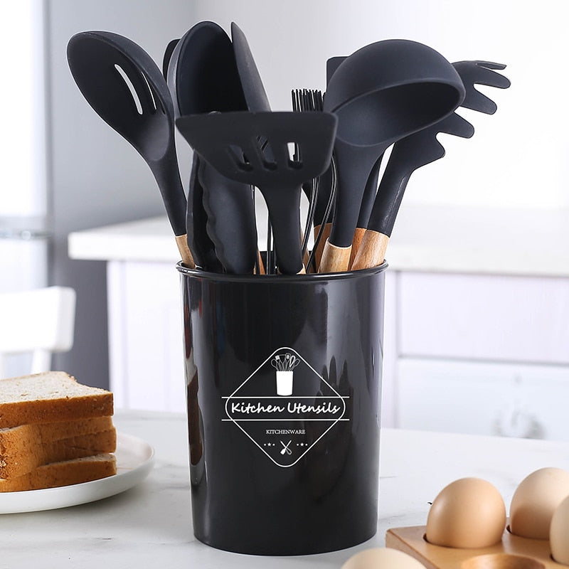 Silicone Cooking Utensils Set Non-Stick Spatula Shovel Wooden Handle  Cooking Tools Set With Storage Box