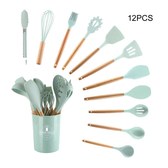 Chicmine Cooking Spatula Food Grade Non-stick Wooden Handle Silica Gel  Turner Spatula Shovel Cooking Kitchen Utensils for Home