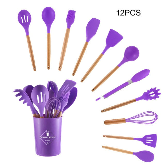 Silicone Cooking Utensils Set Non-Stick Spatula Shovel Wooden Handle –  Persian Seller