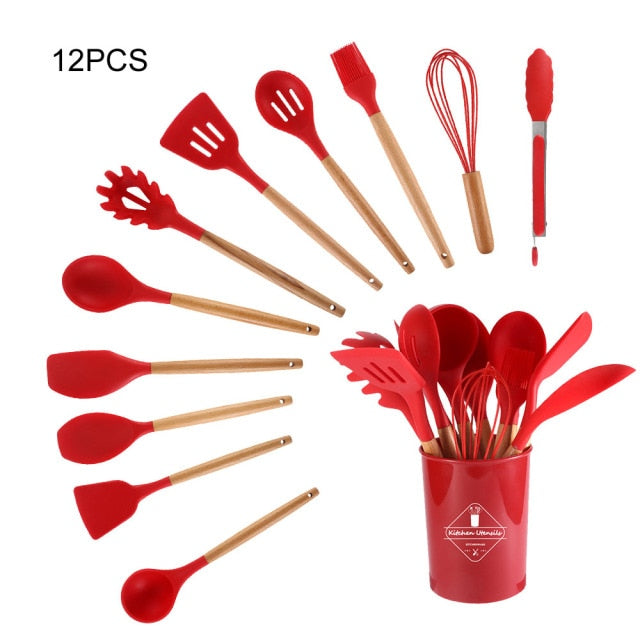 Cheap Non-stick Silicone Kitchenware Cooking Utensils Set Cookware Spatula  Shovel Egg Beaters Wooden Handle Kitchen Cooking Tool Set