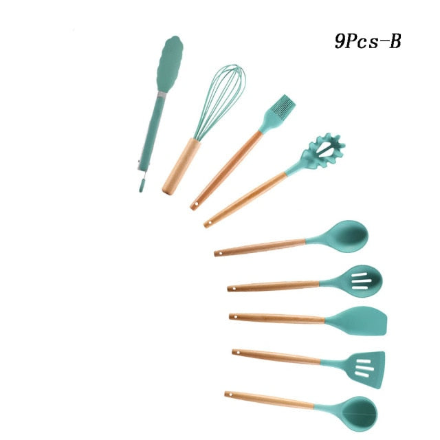 11 Pcs/Set Silicone Kitchenware Cooking Utensils Set Wooden Handle for Non-Stick Cookware Spatula Shovel, Size: 33.5
